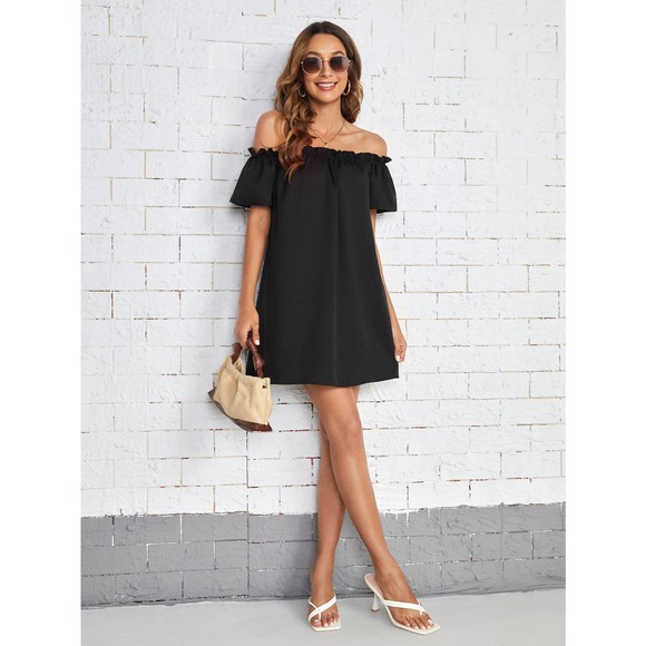 Boho Off the Shoulder Frill Trim mini Dress black - Picture 5 of 5